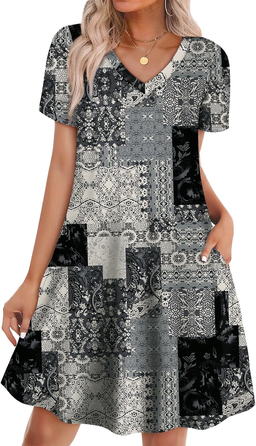 WIHOLL Boho Summer Dresses for Women Casual Loose T Shirt Dress with Pockets Beach Vacation Outfits S-4XL