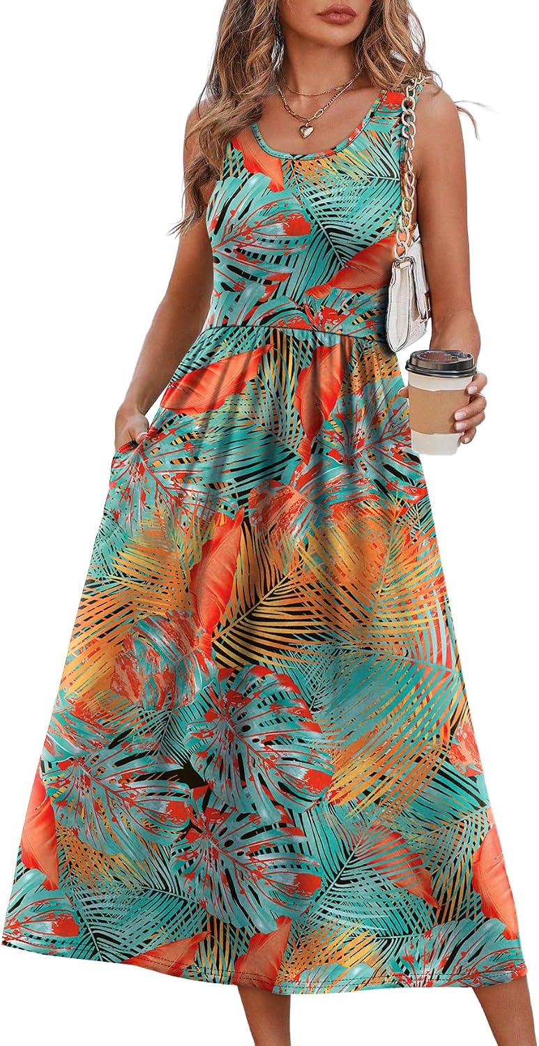 WIHOLL Summer Dresses for Women Flowy Casual Midi Dress Beach Vacation Sundresses with Pockets
