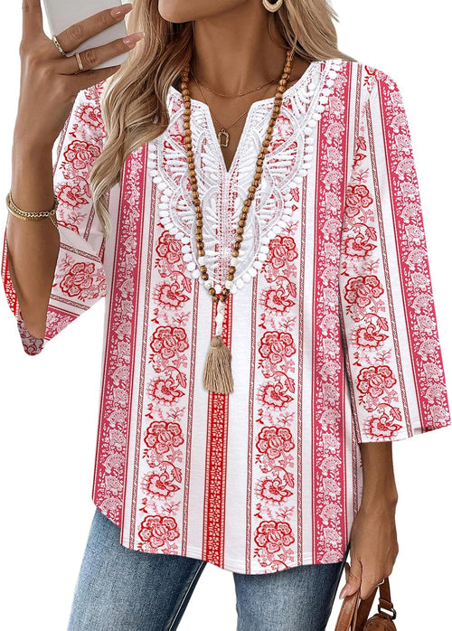 WIHOLL 3/4 Length Sleeve Womens Tops Boho V Neck Lace Shirt Trendy Blouses Dressy Casual Vacation Clothes S-3XL