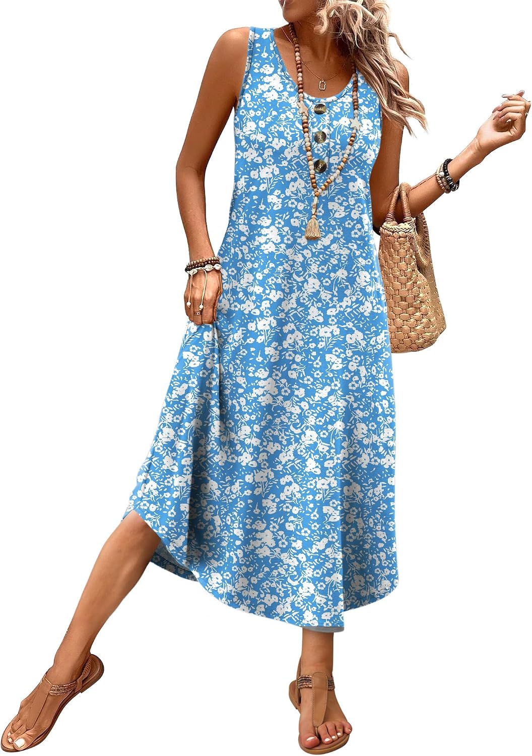 WIHOLL Summer Dresses for Women 2026 Button Front Sleeveless Casual Midi Dress Beach Vacation Sundresses with Pockets