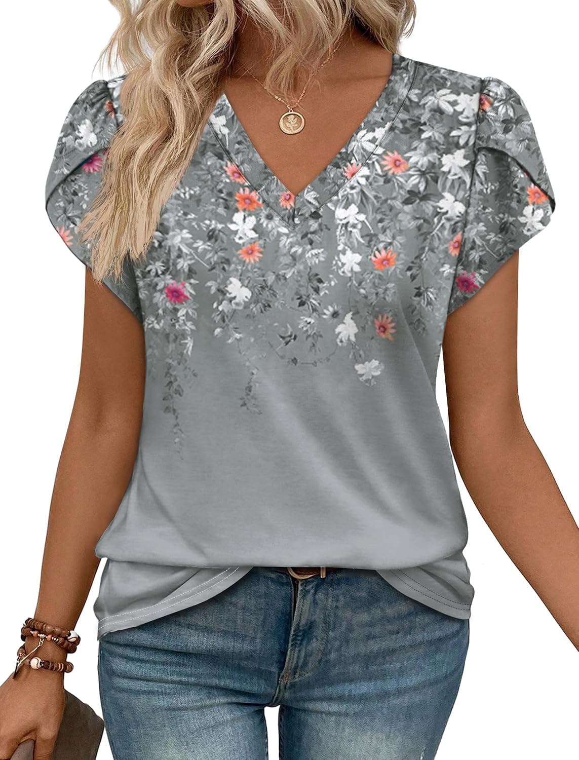 WIHOLL Womens Tops Dressy Casual Petal Sleeve Summer Spring Short Sleeve V Neck Shirts Work Business Vacation Clothes 2026