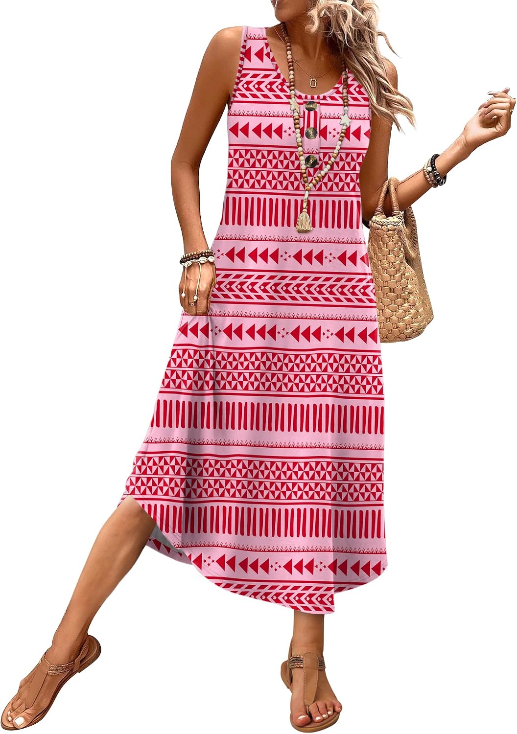 WIHOLL Summer Dresses for Women 2026 Button Front Sleeveless Casual Midi Dress Beach Vacation Sundresses with Pockets