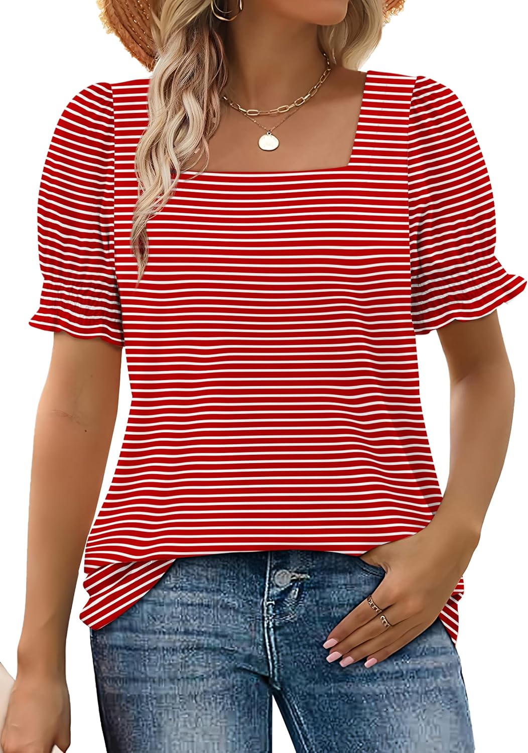 WIHOLL Tops for Women Summer Casual Ruffle Trim Sleeve Square Neck T Shirts
