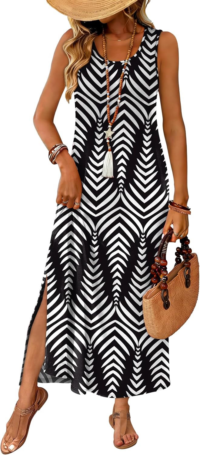 WIHOLL Maxi Dress Summer Dresses 2026 Beach Vacation Clothes Sleeveless Sundresses with Pockets Boho S-3XL