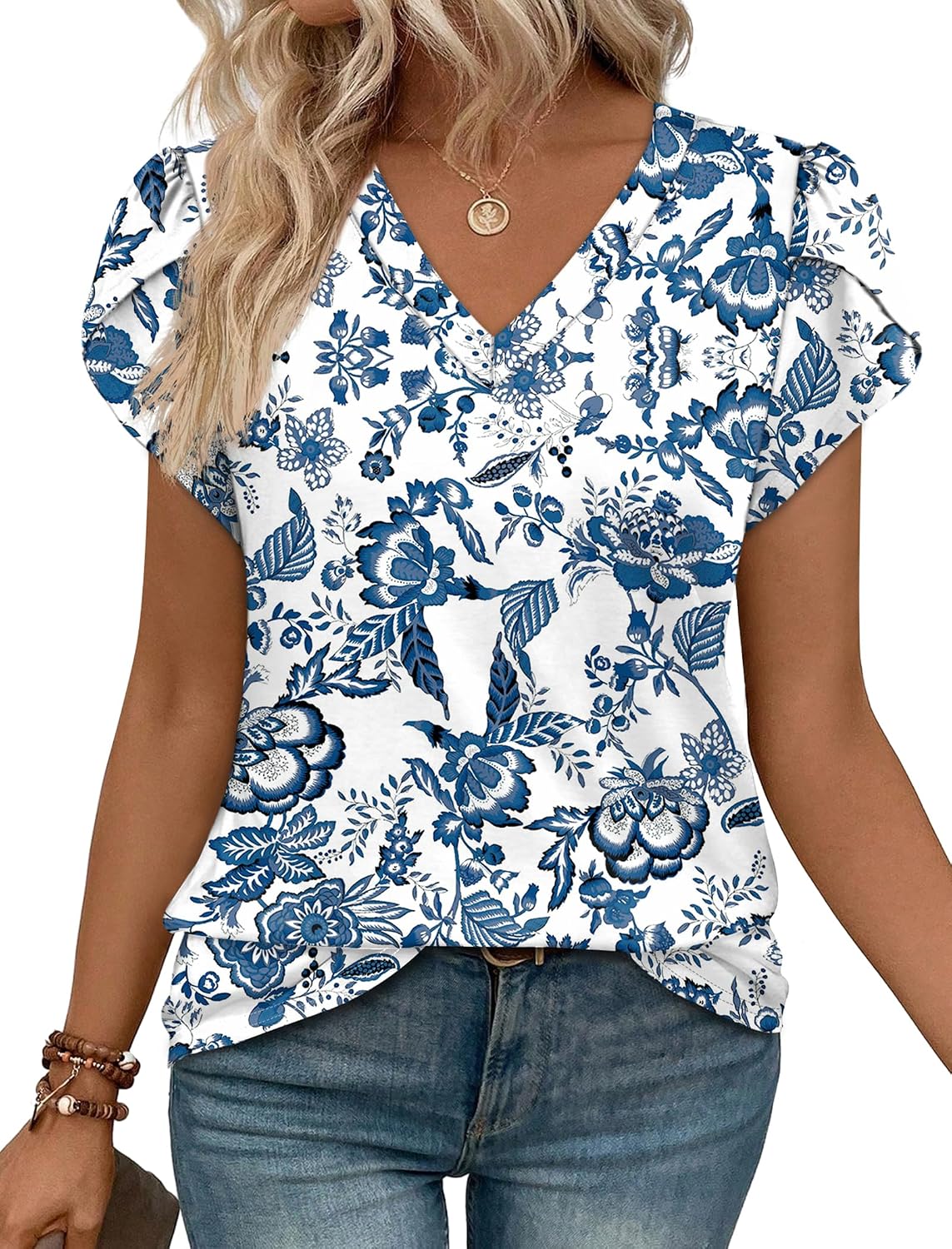 WIHOLL Womens Tops Dressy Casual Petal Sleeve Summer Spring Short Sleeve V Neck Shirts Work Business Vacation Clothes 2026