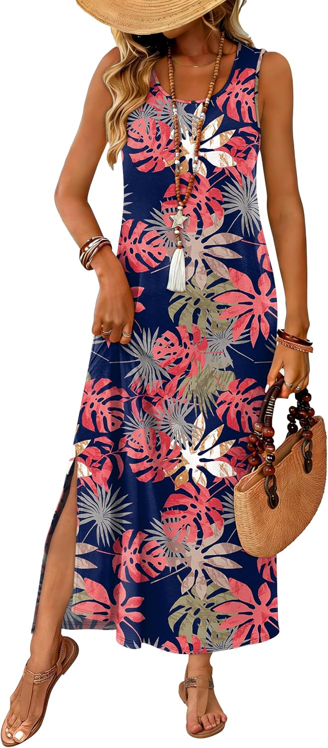 WIHOLL Maxi Dress Summer Dresses 2026 Beach Vacation Clothes Sleeveless Sundresses with Pockets Boho S-3XL