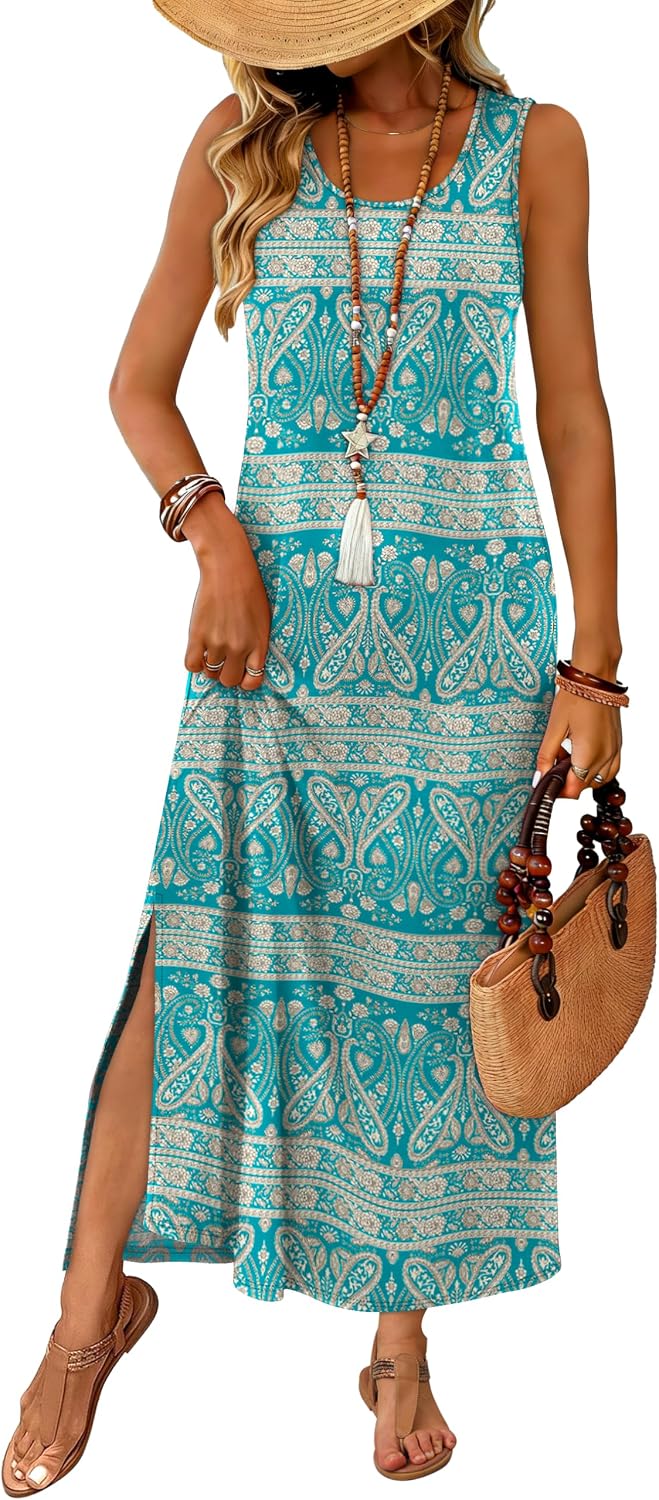 WIHOLL Maxi Dress Summer Dresses 2026 Beach Vacation Clothes Sleeveless Sundresses with Pockets Boho S-3XL