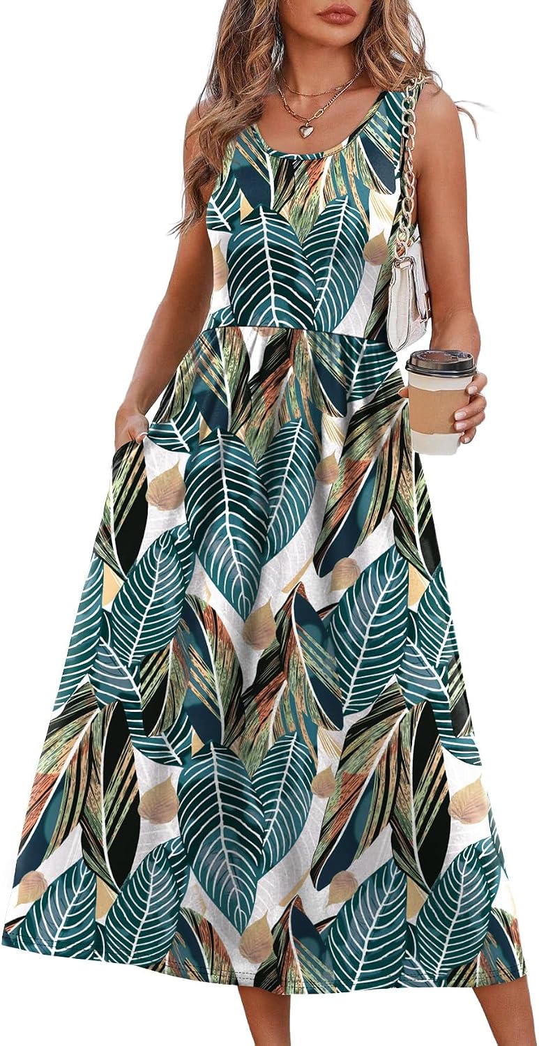 WIHOLL Summer Dresses for Women Flowy Casual Midi Dress Beach Vacation Sundresses with Pockets