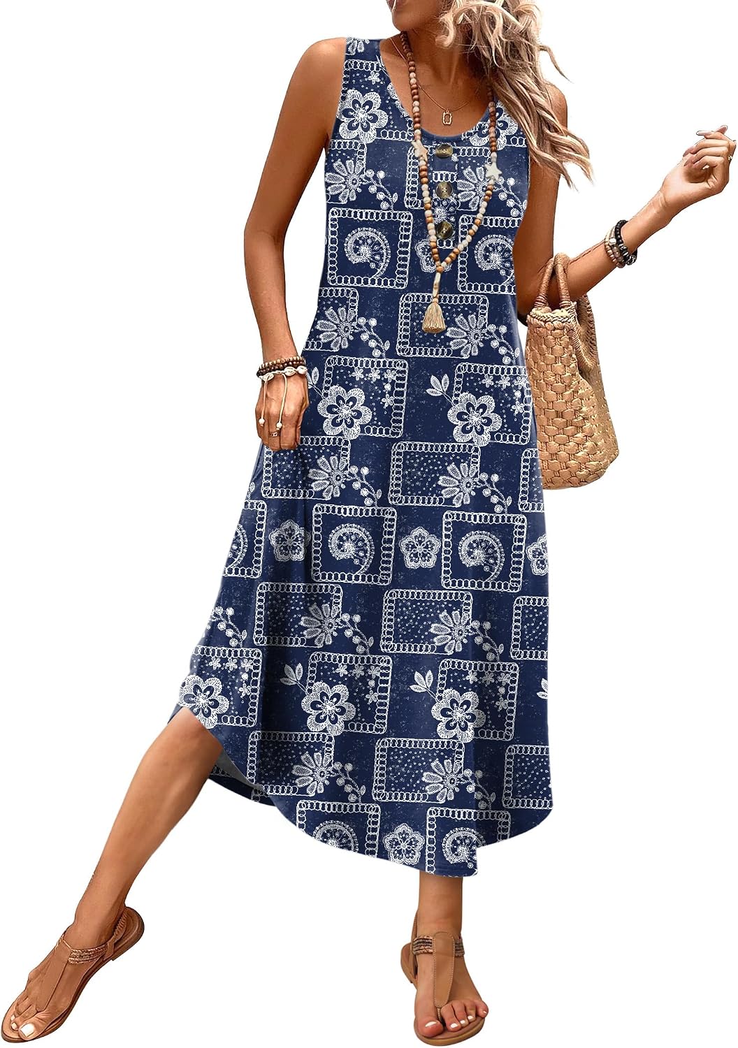WIHOLL Summer Dresses for Women 2026 Button Front Sleeveless Casual Midi Dress Beach Vacation Sundresses with Pockets