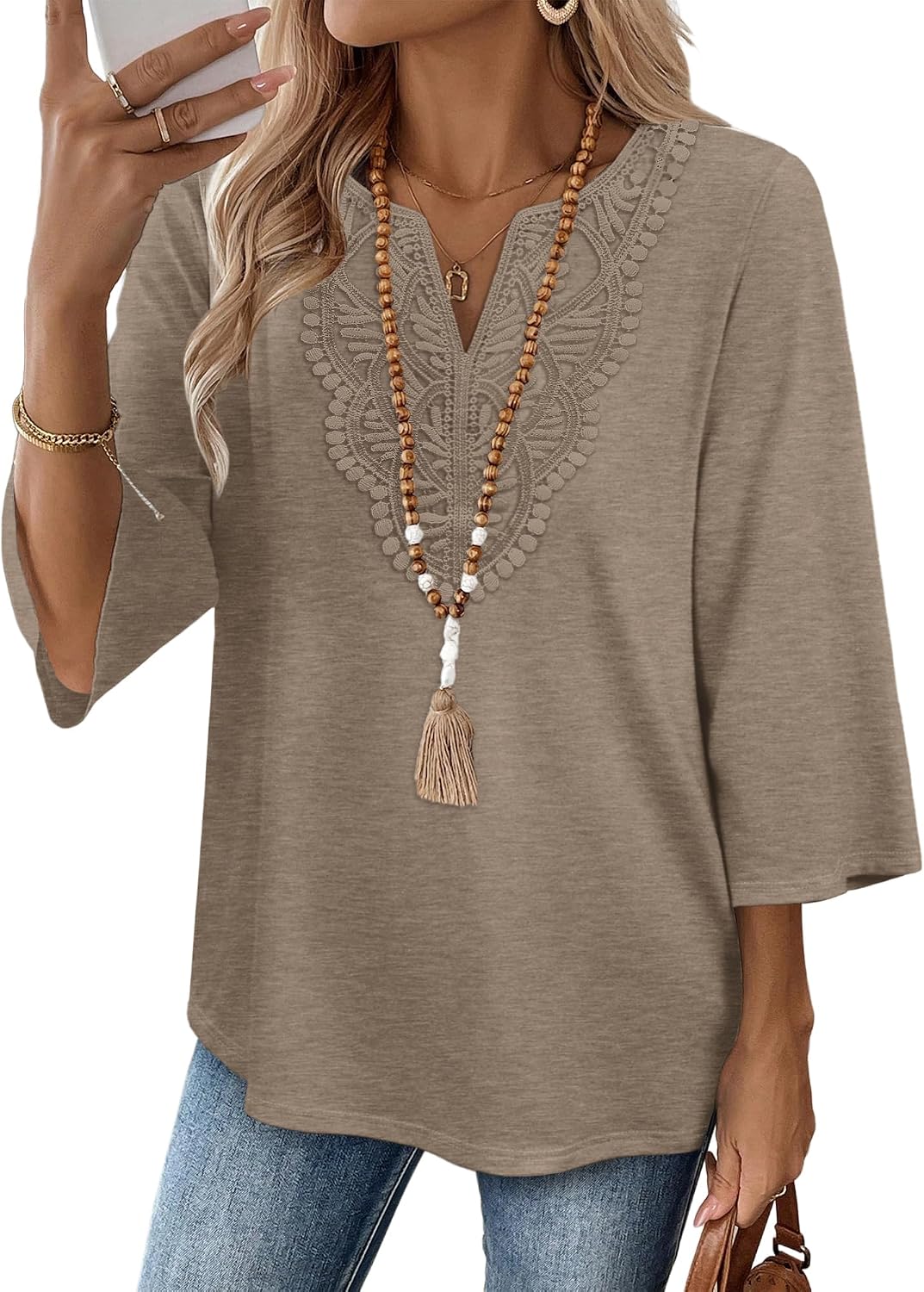 WIHOLL 3/4 Length Sleeve Womens Tops Boho V Neck Lace Shirt Trendy Blouses Dressy Casual Vacation Clothes S-3XL