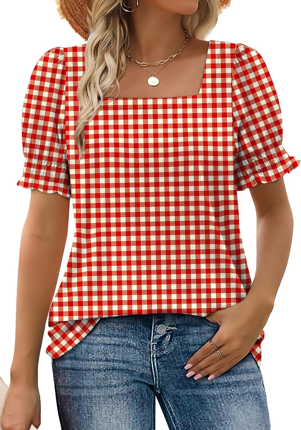WIHOLL Tops for Women Summer Casual Ruffle Trim Sleeve Square Neck T Shirts