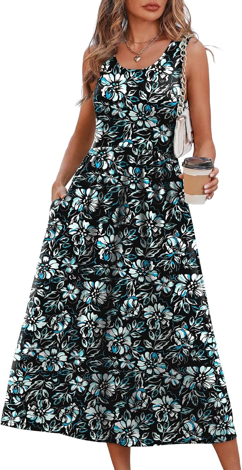WIHOLL Summer Dresses for Women Flowy Casual Midi Dress Beach Vacation Sundresses with Pockets