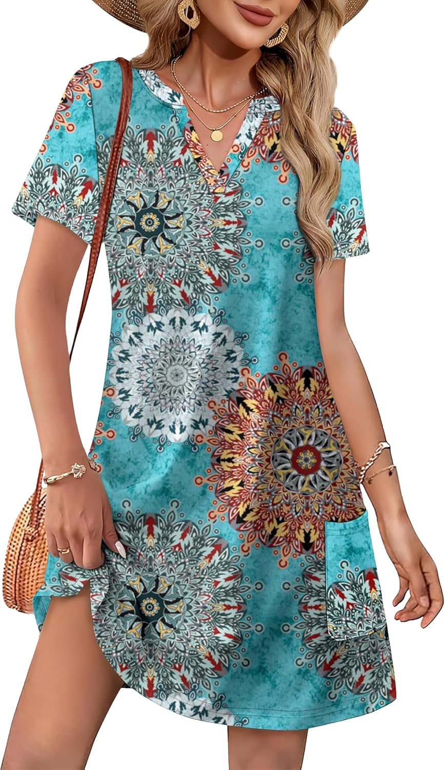 WIHOLL Summer Dresses for Women Casual V Neck Wedding Guest Dress Hawaiian Midi Dress Fashion Beach Vacation Clothes