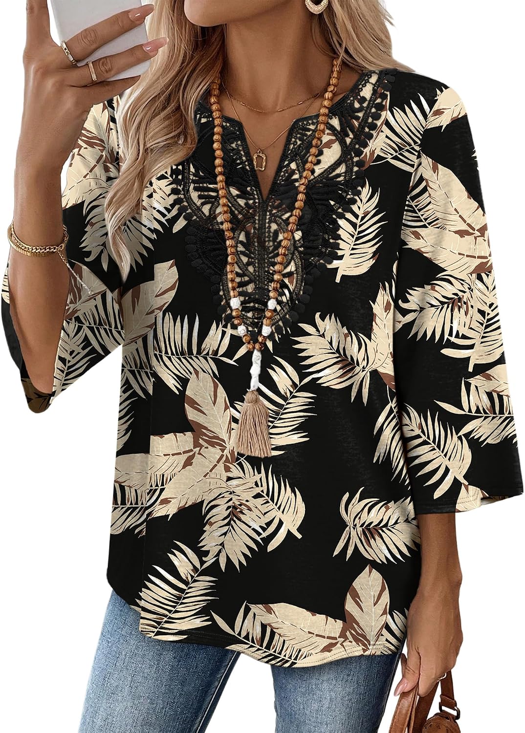 WIHOLL 3/4 Length Sleeve Womens Tops Boho V Neck Lace Shirt Trendy Blouses Dressy Casual Vacation Clothes S-3XL