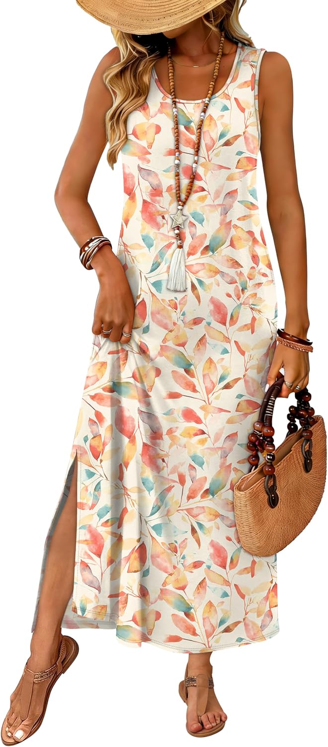 WIHOLL Maxi Dress Summer Dresses 2026 Beach Vacation Clothes Sleeveless Sundresses with Pockets Boho S-3XL
