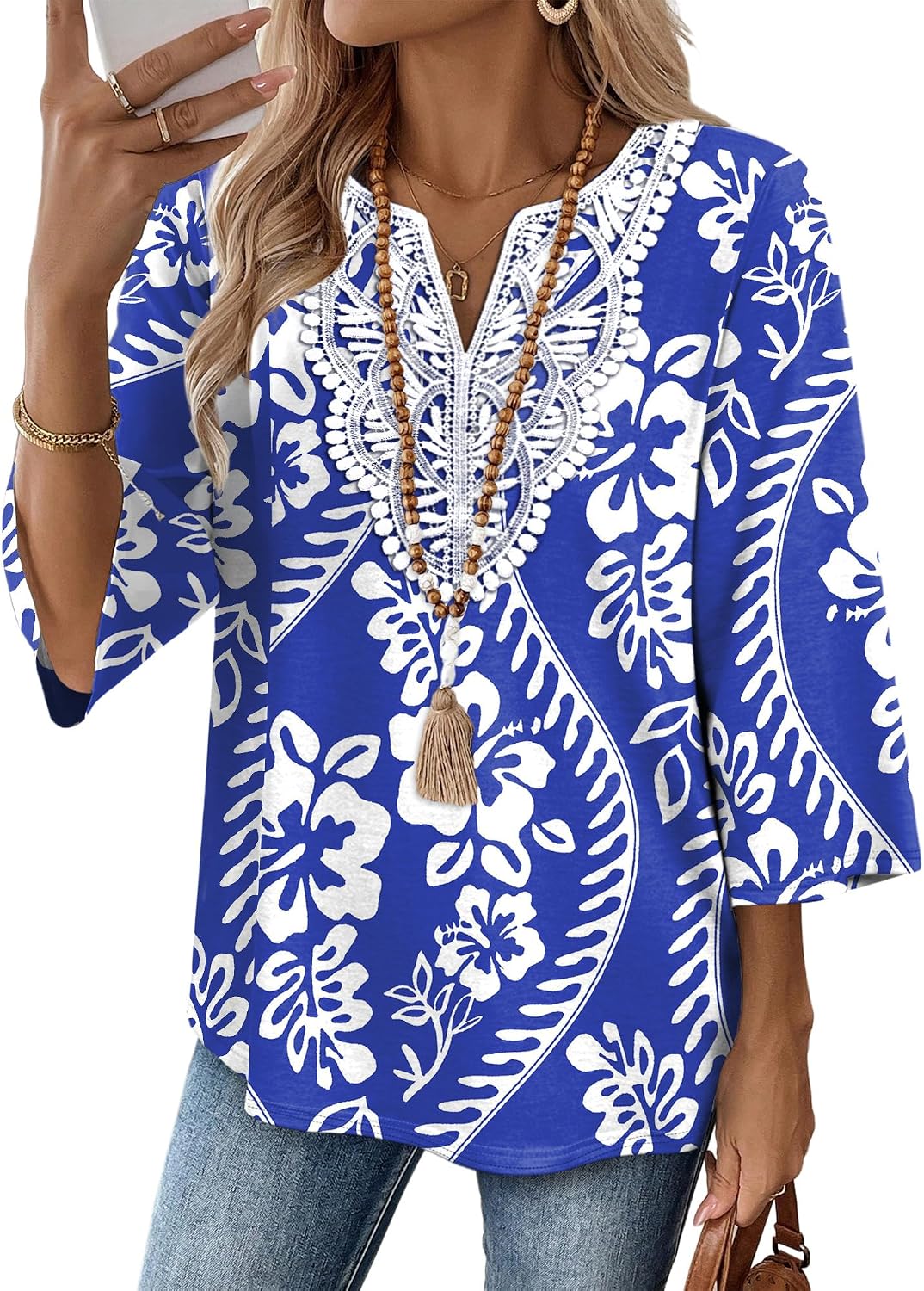WIHOLL 3/4 Length Sleeve Womens Tops Boho V Neck Lace Shirt Trendy Blouses Dressy Casual Vacation Clothes S-3XL