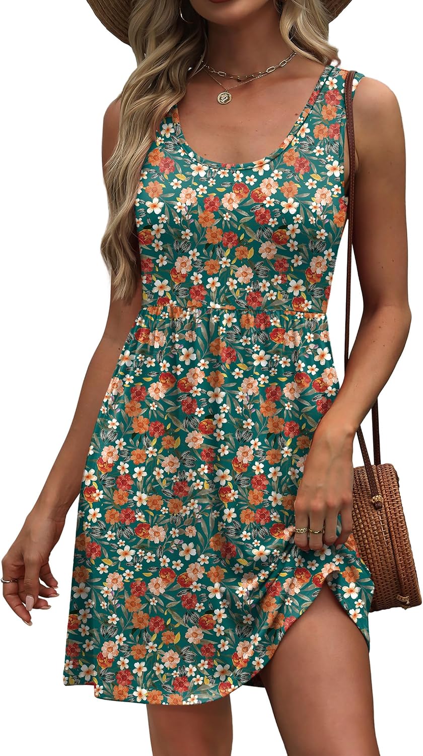 WIHOLL Women's Summer Dress 2026 A-Line Sleeveless Casual Sundress with Pockets Floral/Solid