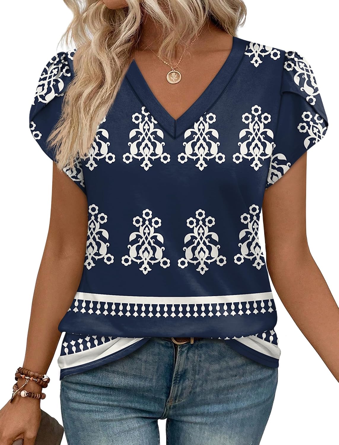 WIHOLL Womens Tops Dressy Casual Petal Sleeve Summer Spring Short Sleeve V Neck Shirts Work Business Vacation Clothes 2026