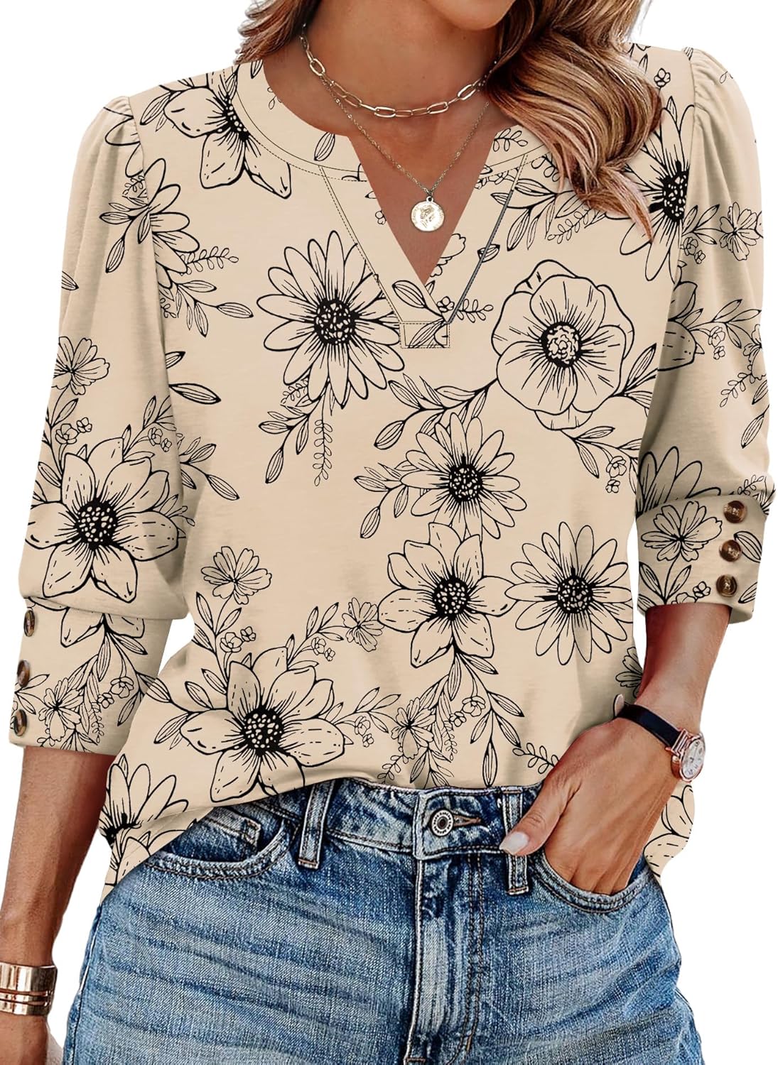 WIHOLL 3/4 Length Sleeve Womens Tops with Button Cuffs Dressy Casual V Neck Summer Outfits Early Fall Fashion Spring Clothes