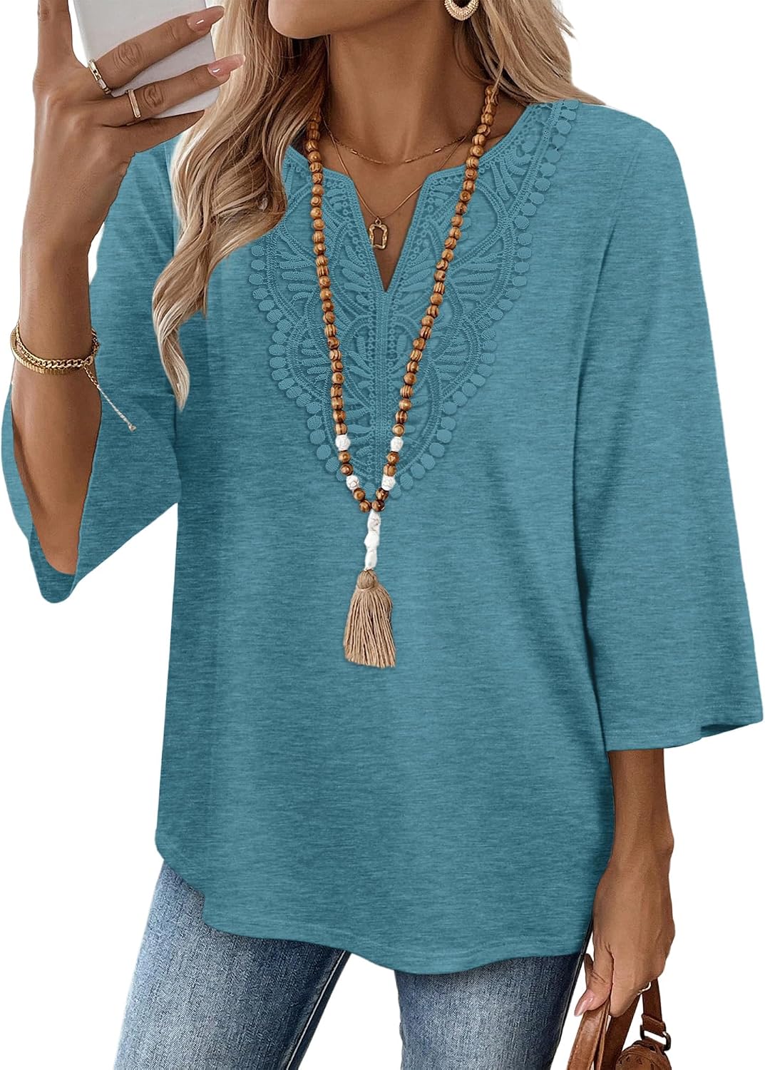 WIHOLL 3/4 Length Sleeve Womens Tops Boho V Neck Lace Shirt Trendy Blouses Dressy Casual Vacation Clothes S-3XL