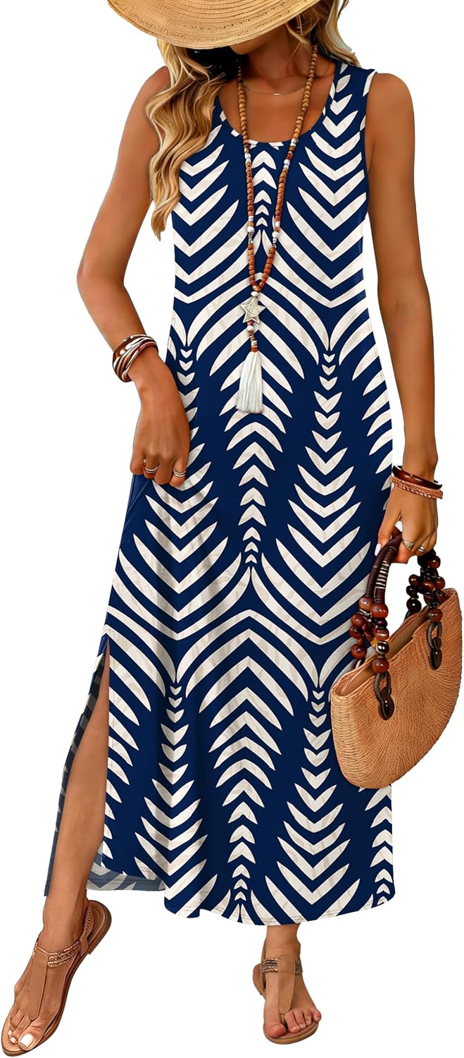 WIHOLL Maxi Dress Summer Dresses 2026 Beach Vacation Clothes Sleeveless Sundresses with Pockets Boho S-3XL