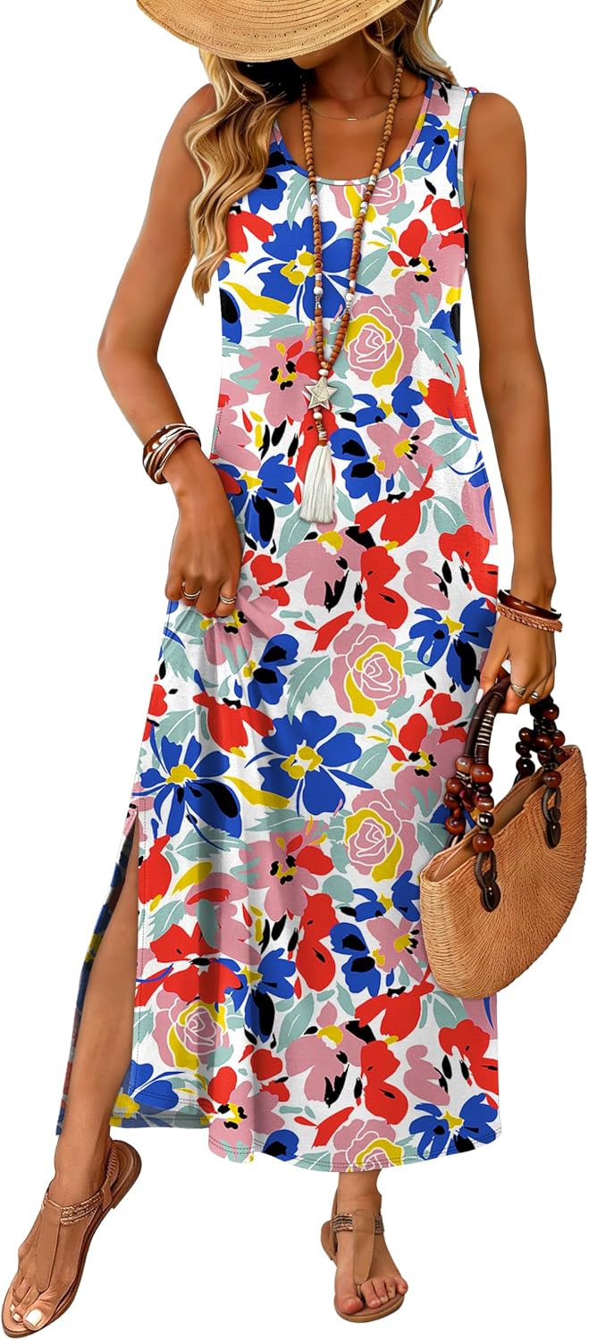 WIHOLL Maxi Dress Summer Dresses 2026 Beach Vacation Clothes Sleeveless Sundresses with Pockets Boho S-3XL