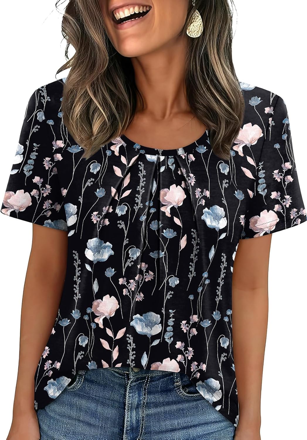 WIHOLL Women T Shirts Pleated Short Sleeve Tops Business Casual Blouses | Loose Fit, Dressy Casual, Trendy 2026, Flowy, Boho