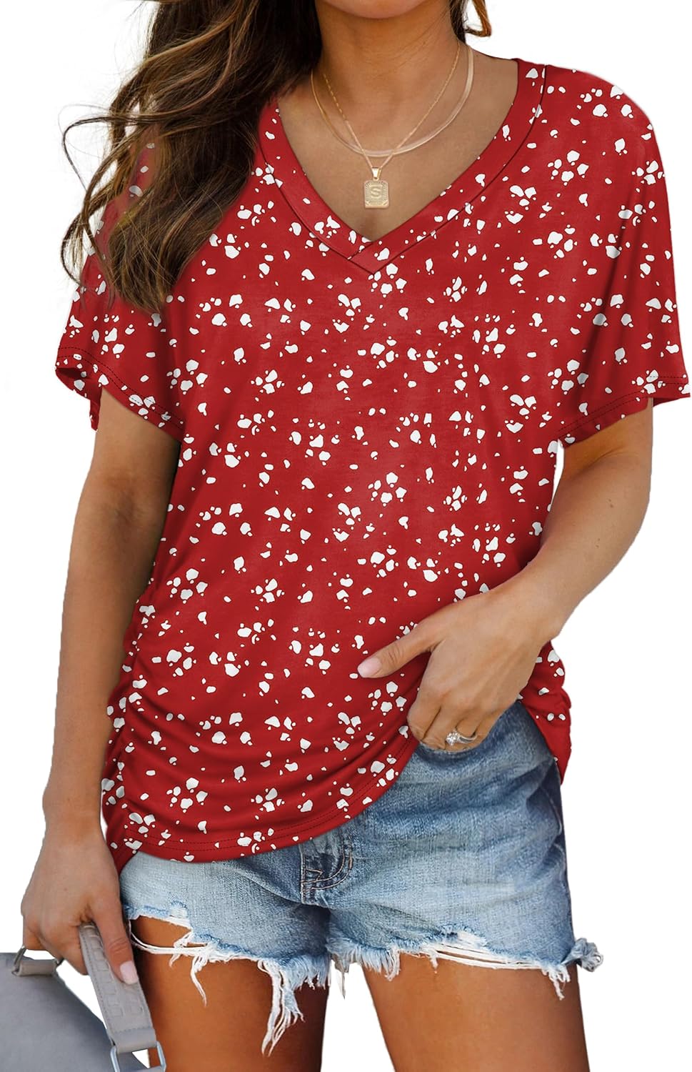 WIHOLL Womens Summer T-Shirts Short Sleeve V Neck Dolman Tops with Side Shirring Loose Fit Shirts Spring Fashion