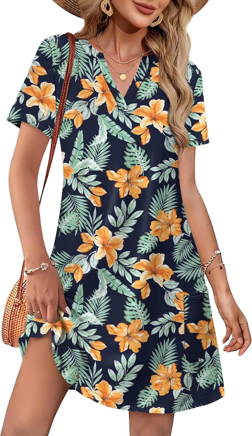 WIHOLL Summer Dresses for Women Casual V Neck Wedding Guest Dress Hawaiian Midi Dress Fashion Beach Vacation Clothes