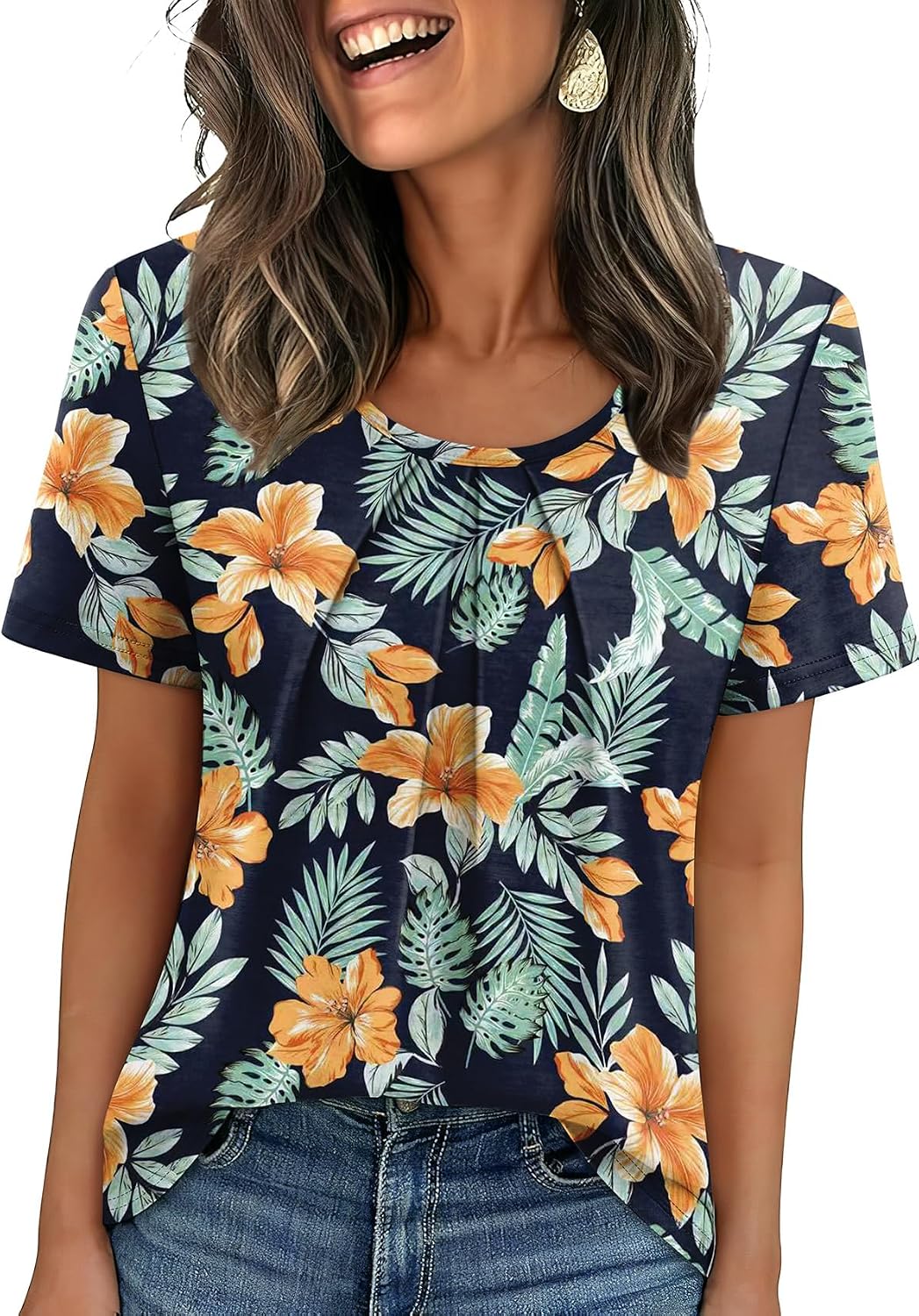 WIHOLL Women T Shirts Pleated Short Sleeve Tops Business Casual Blouses | Loose Fit, Dressy Casual, Trendy 2026, Flowy, Boho