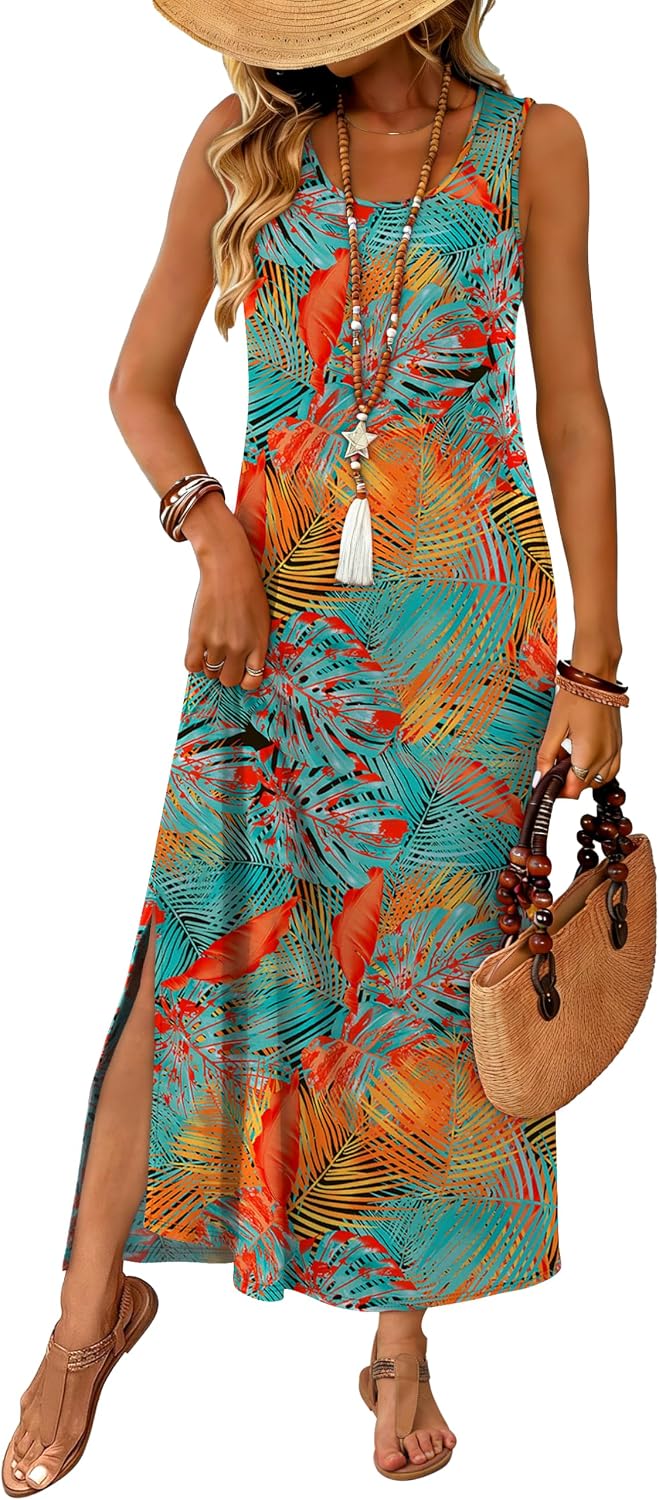 WIHOLL Maxi Dress Summer Dresses 2026 Beach Vacation Clothes Sleeveless Sundresses with Pockets Boho S-3XL