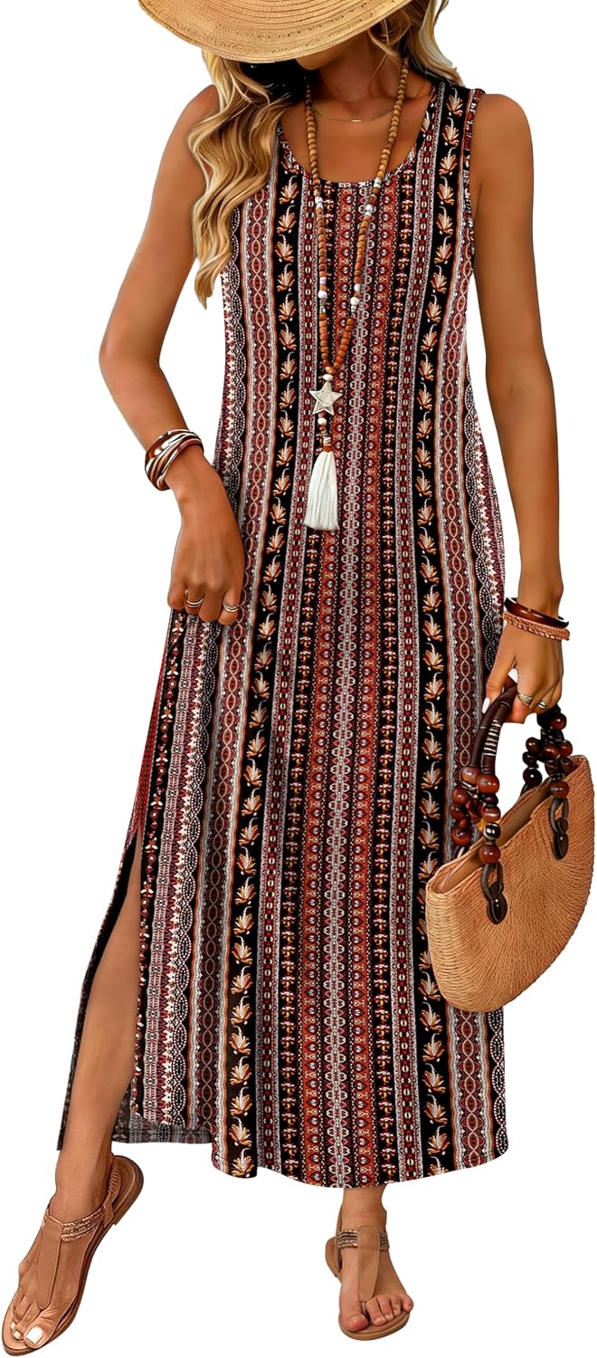 WIHOLL Maxi Dress Summer Dresses 2026 Beach Vacation Clothes Sleeveless Sundresses with Pockets Boho S-3XL