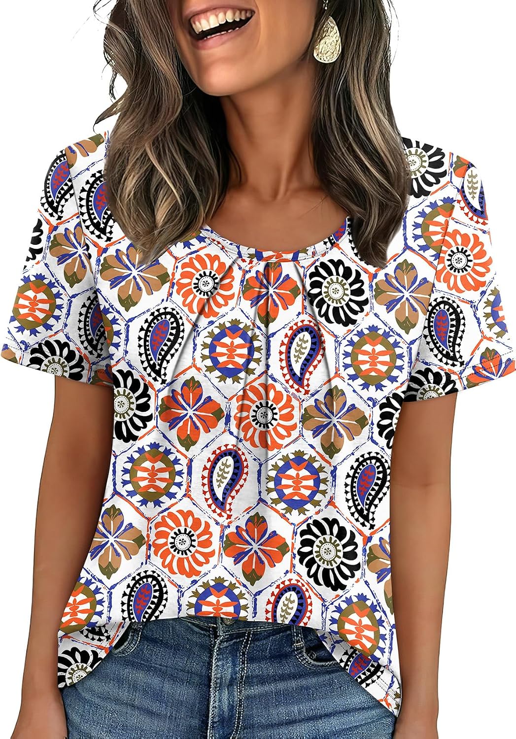 WIHOLL Women T Shirts Pleated Short Sleeve Tops Business Casual Blouses | Loose Fit, Dressy Casual, Trendy 2026, Flowy, Boho