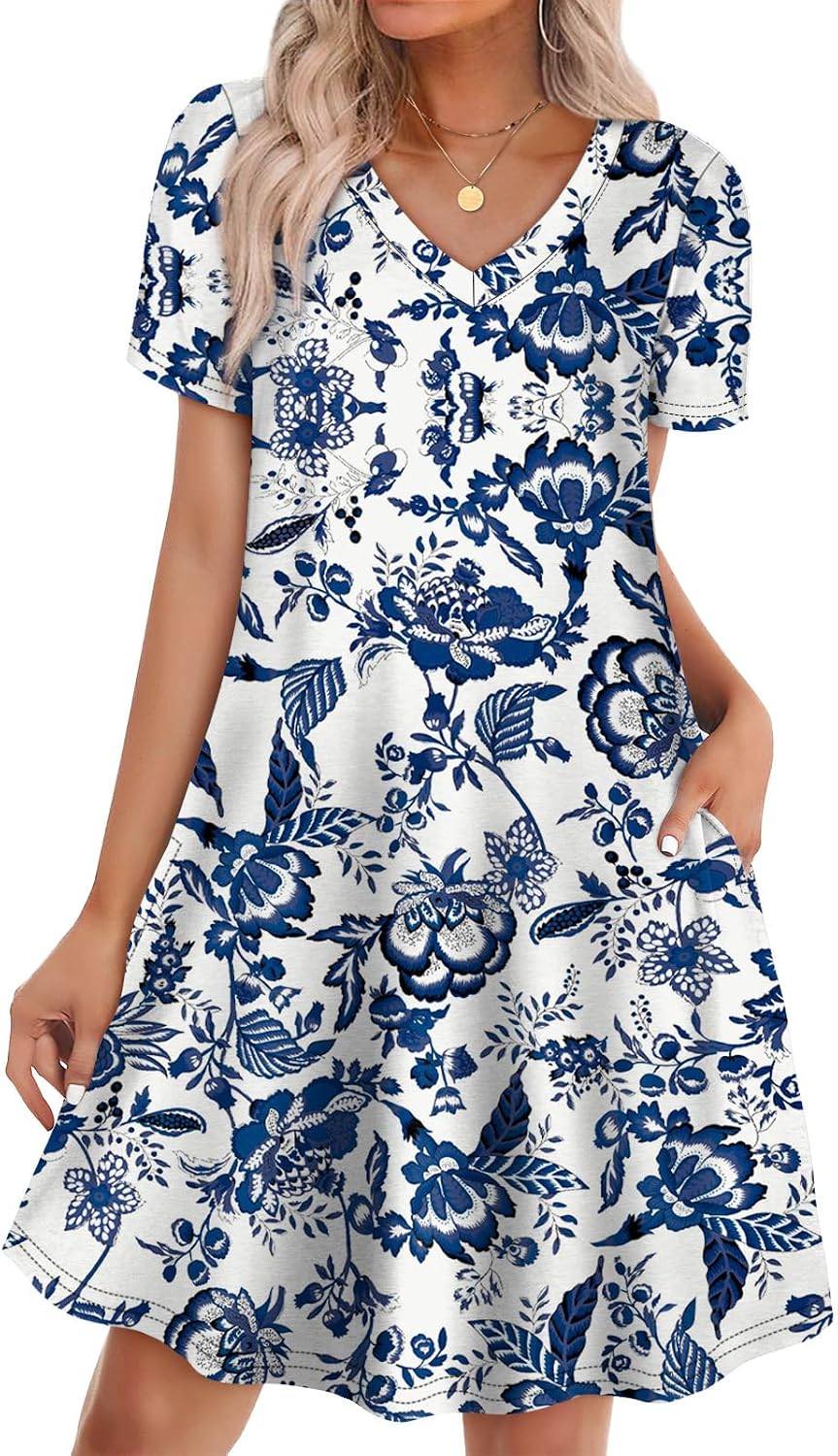 WIHOLL Boho Summer Dresses for Women Casual Loose T Shirt Dress with Pockets Beach Vacation Outfits S-4XL