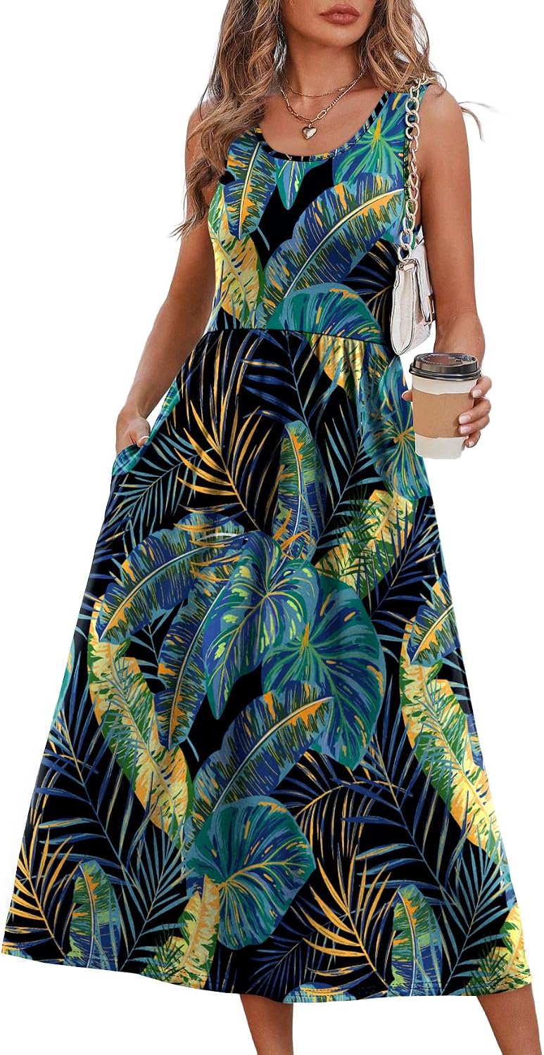 WIHOLL Summer Dresses for Women Flowy Casual Midi Dress Beach Vacation Sundresses with Pockets