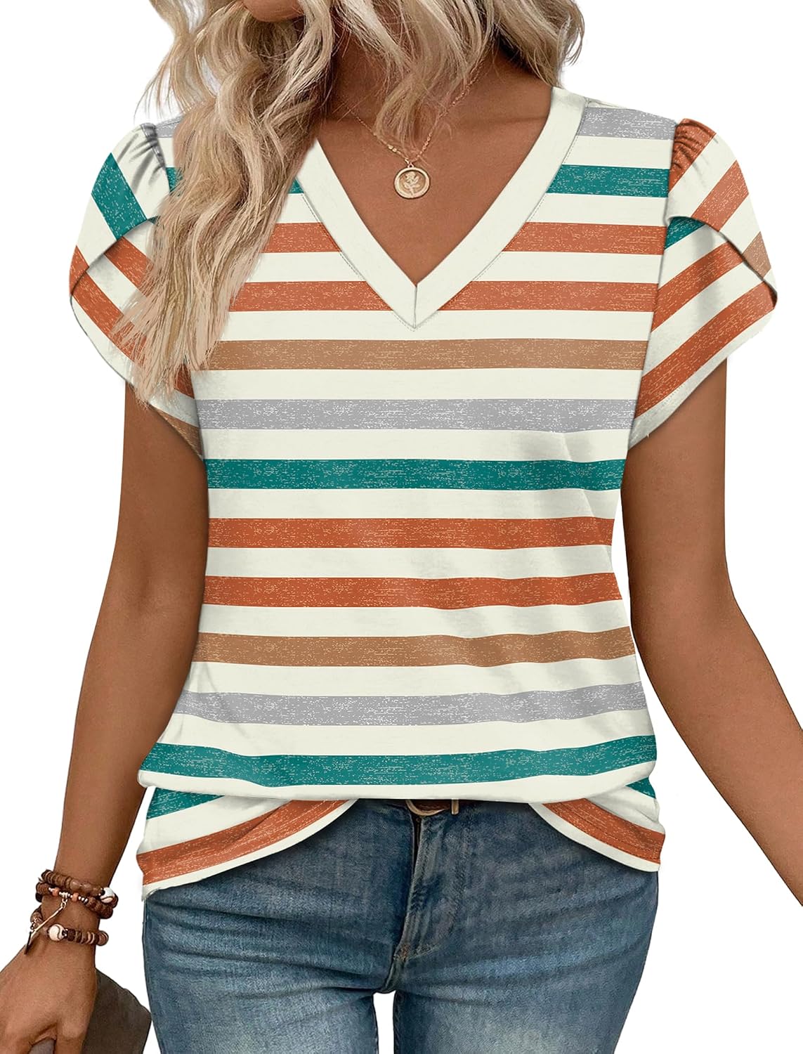 WIHOLL Womens Tops Dressy Casual Petal Sleeve Summer Spring Short Sleeve V Neck Shirts Work Business Vacation Clothes 2026