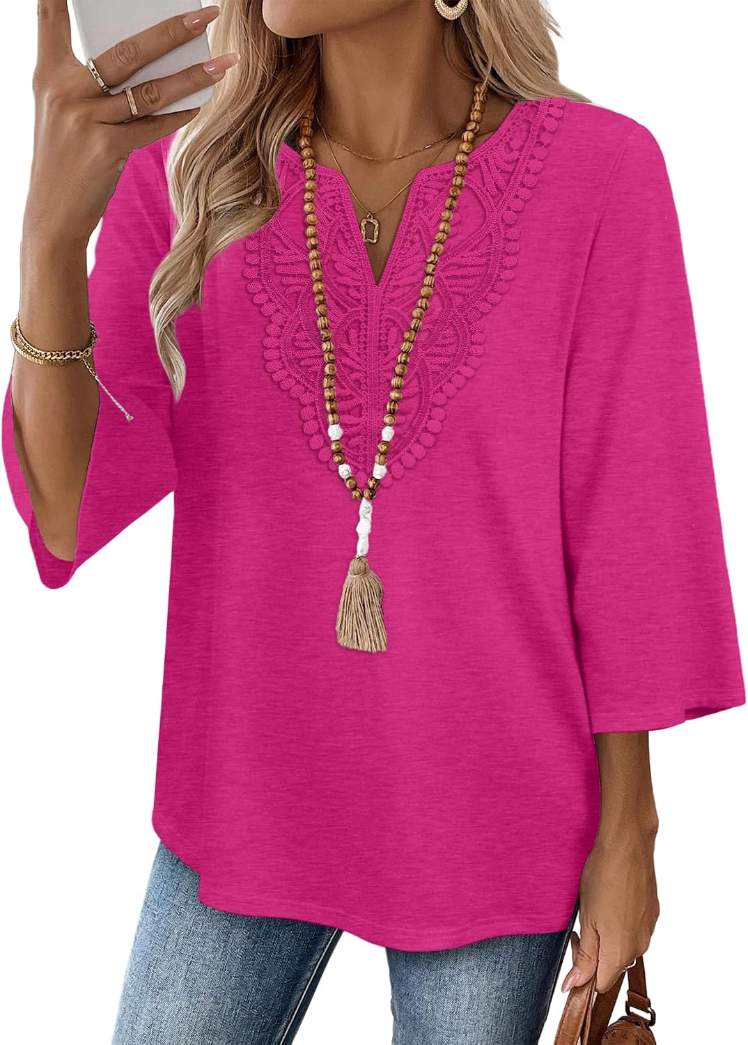 WIHOLL 3/4 Length Sleeve Womens Tops Boho V Neck Lace Shirt Trendy Blouses Dressy Casual Vacation Clothes S-3XL