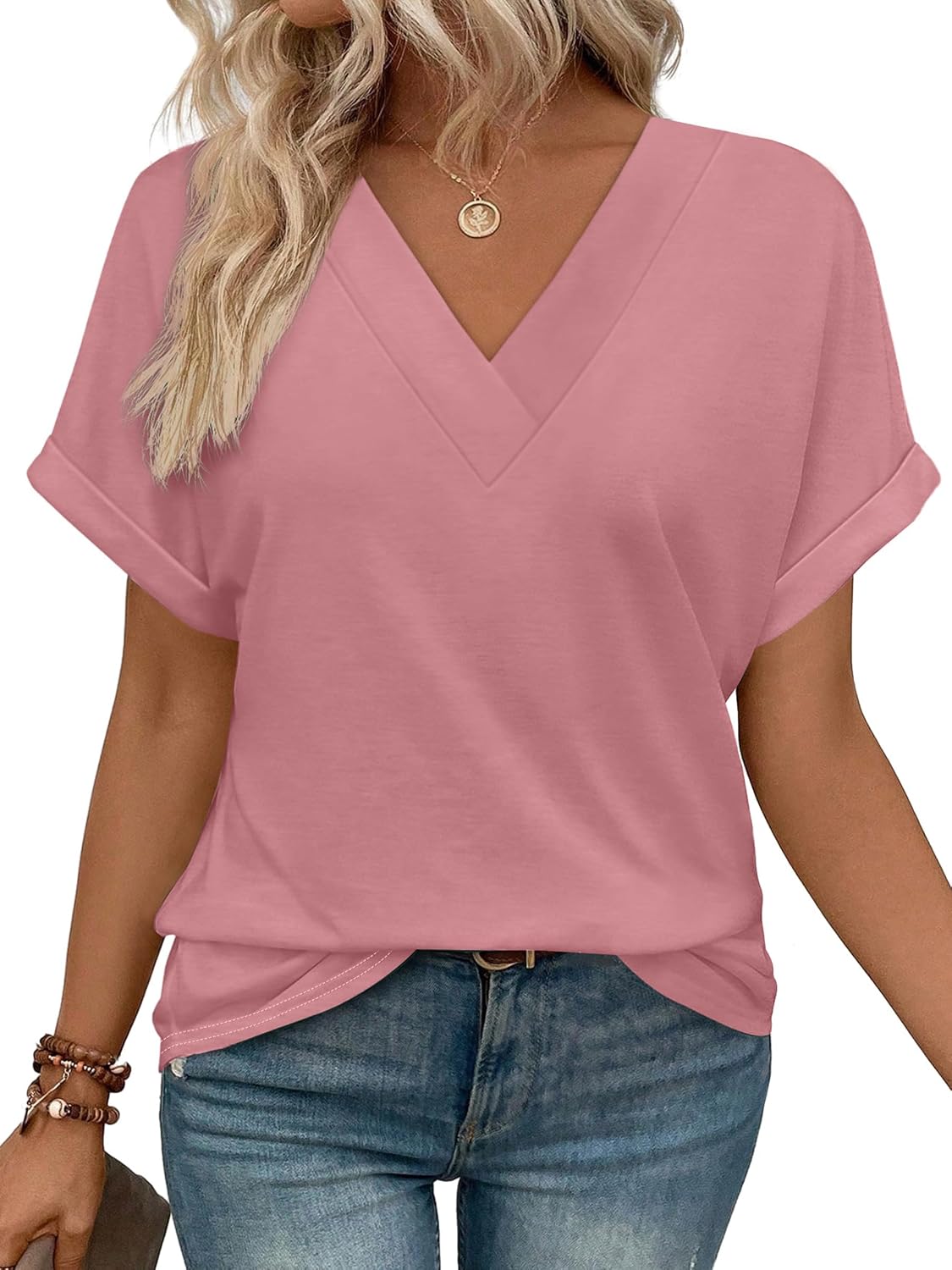 WIHOLL Womens Summer Tops Short Dolman Sleeve Shirts 2026 Fashion V Neck Outfits Clothes