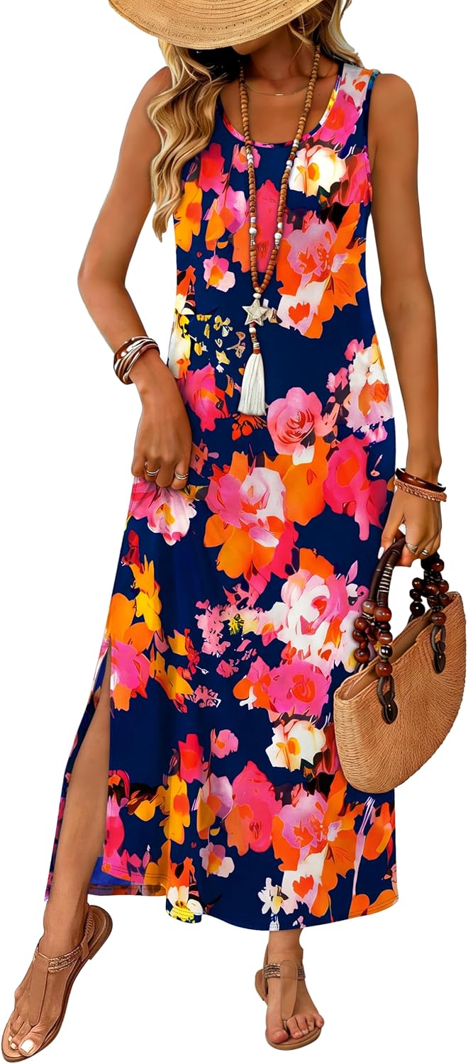 WIHOLL Maxi Dress Summer Dresses 2026 Beach Vacation Clothes Sleeveless Sundresses with Pockets Boho S-3XL