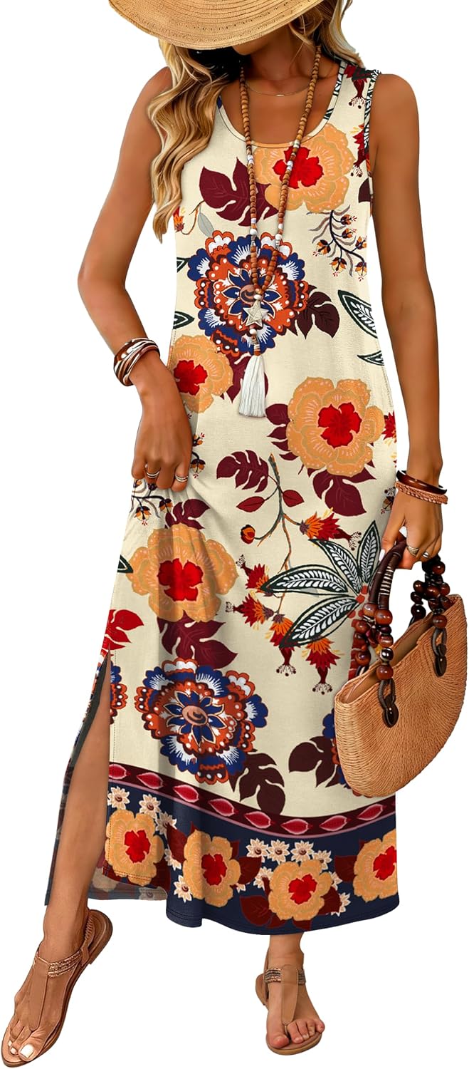 WIHOLL Maxi Dress Summer Dresses 2026 Beach Vacation Clothes Sleeveless Sundresses with Pockets Boho S-3XL