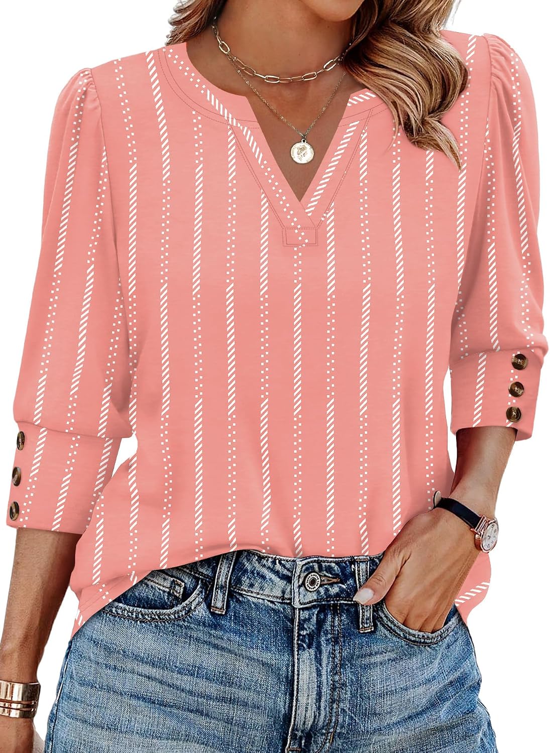 WIHOLL 3/4 Length Sleeve Womens Tops with Button Cuffs Dressy Casual V Neck Summer Outfits Early Fall Fashion Spring Clothes