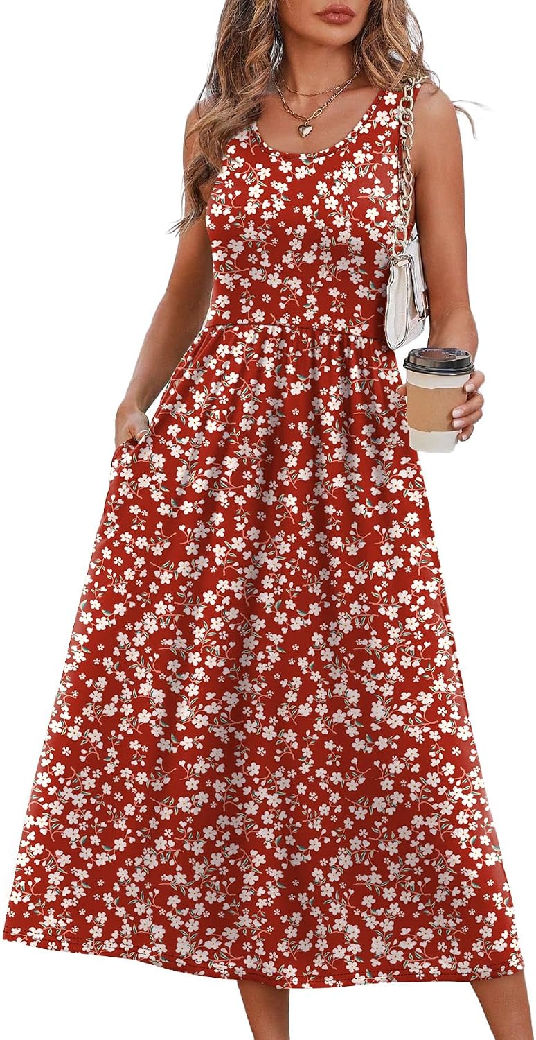 WIHOLL Summer Dresses for Women Flowy Casual Midi Dress Beach Vacation Sundresses with Pockets