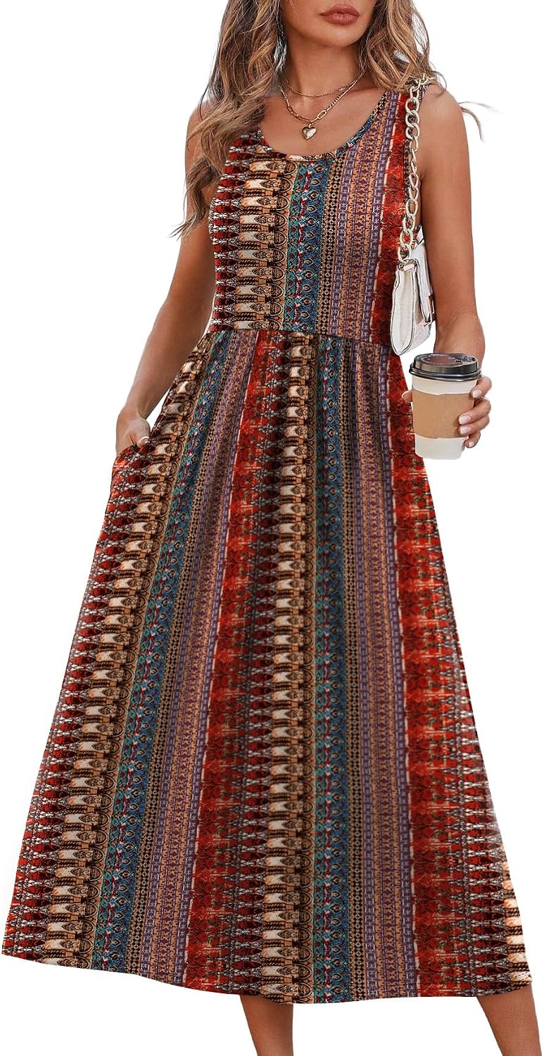 WIHOLL Summer Dresses for Women Flowy Casual Midi Dress Beach Vacation Sundresses with Pockets