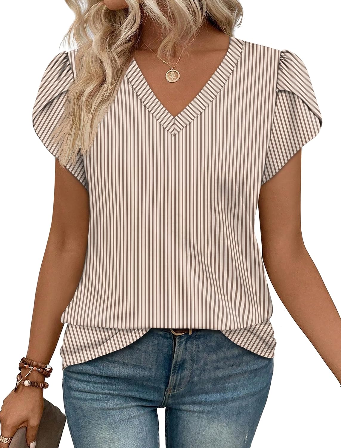WIHOLL Womens Tops Dressy Casual Petal Sleeve Summer Spring Short Sleeve V Neck Shirts Work Business Vacation Clothes 2026