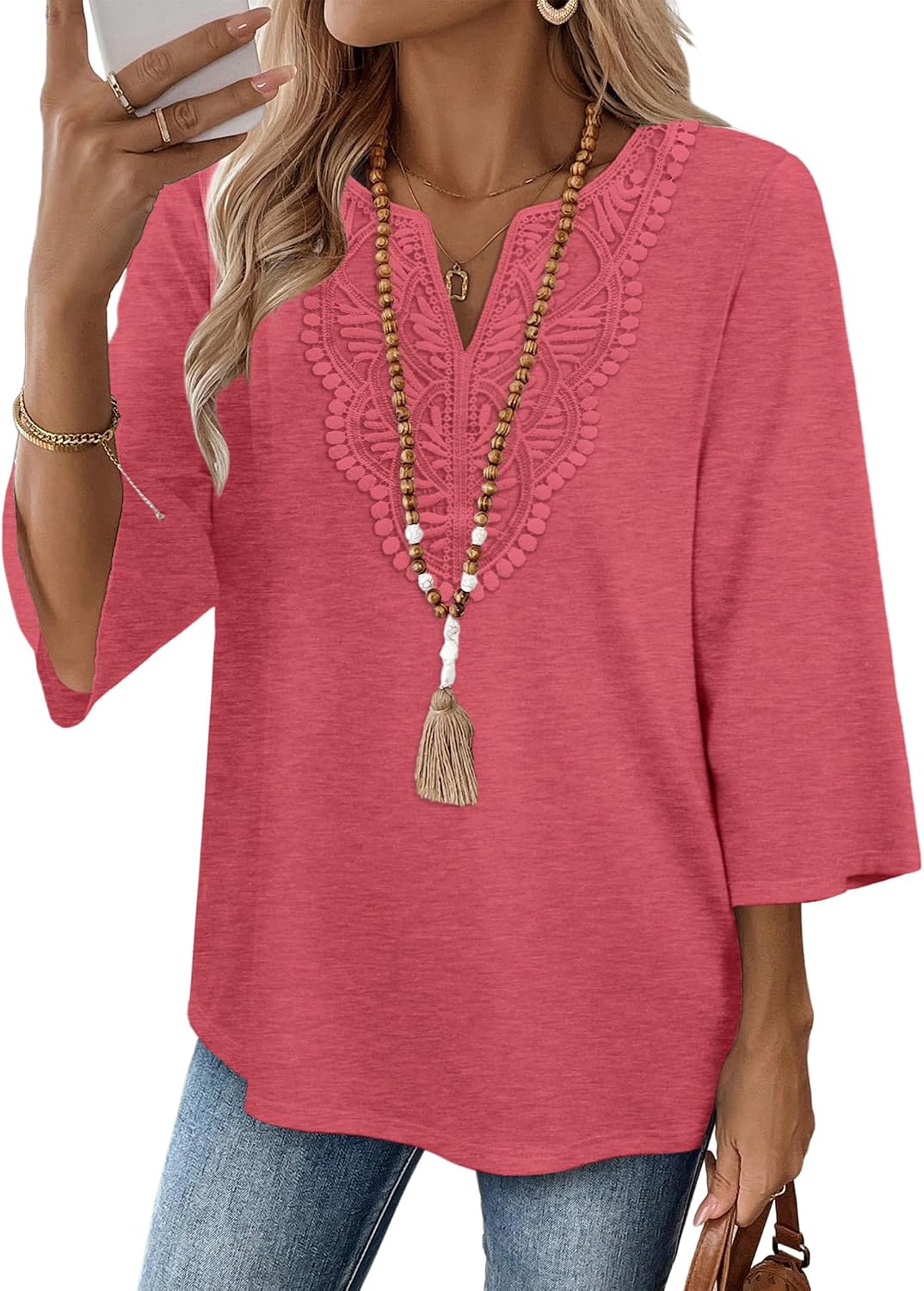 WIHOLL 3/4 Length Sleeve Womens Tops Boho V Neck Lace Shirt Trendy Blouses Dressy Casual Vacation Clothes S-3XL