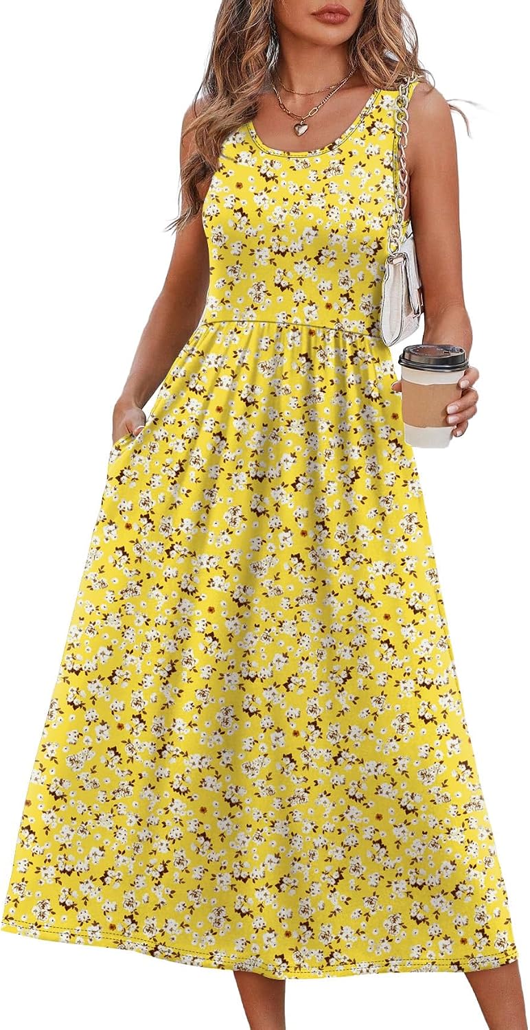 WIHOLL Summer Dresses for Women Flowy Casual Midi Dress Beach Vacation Sundresses with Pockets