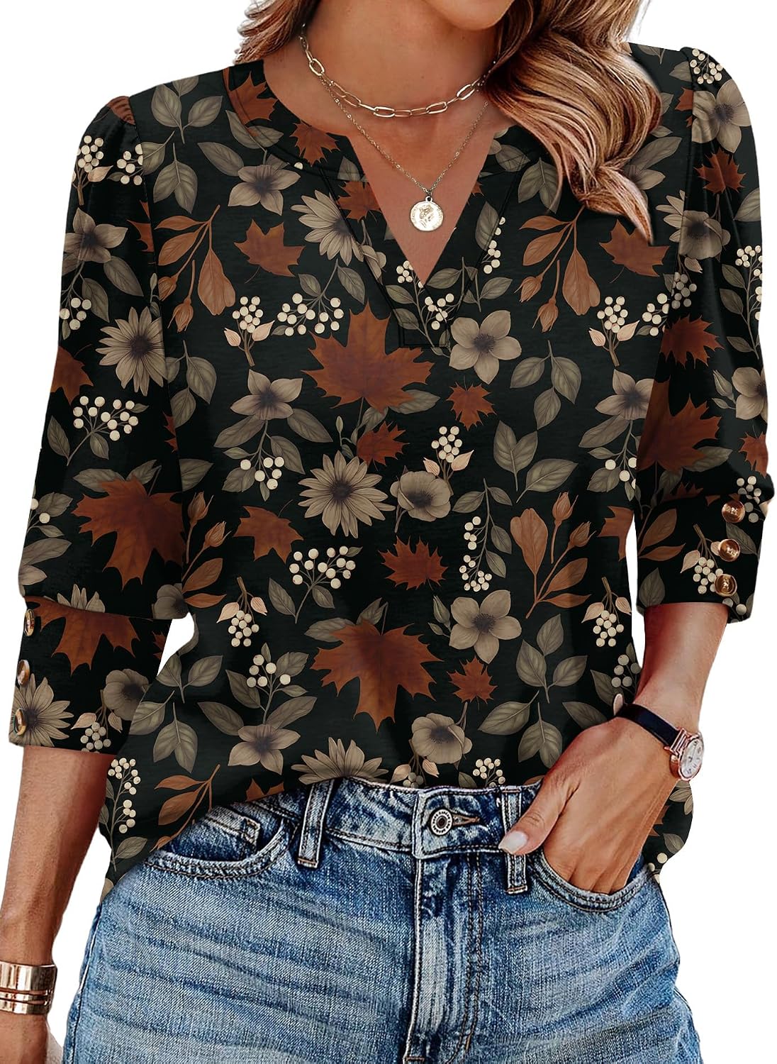 WIHOLL 3/4 Length Sleeve Womens Tops with Button Cuffs Dressy Casual V Neck Summer Outfits Early Fall Fashion Spring Clothes