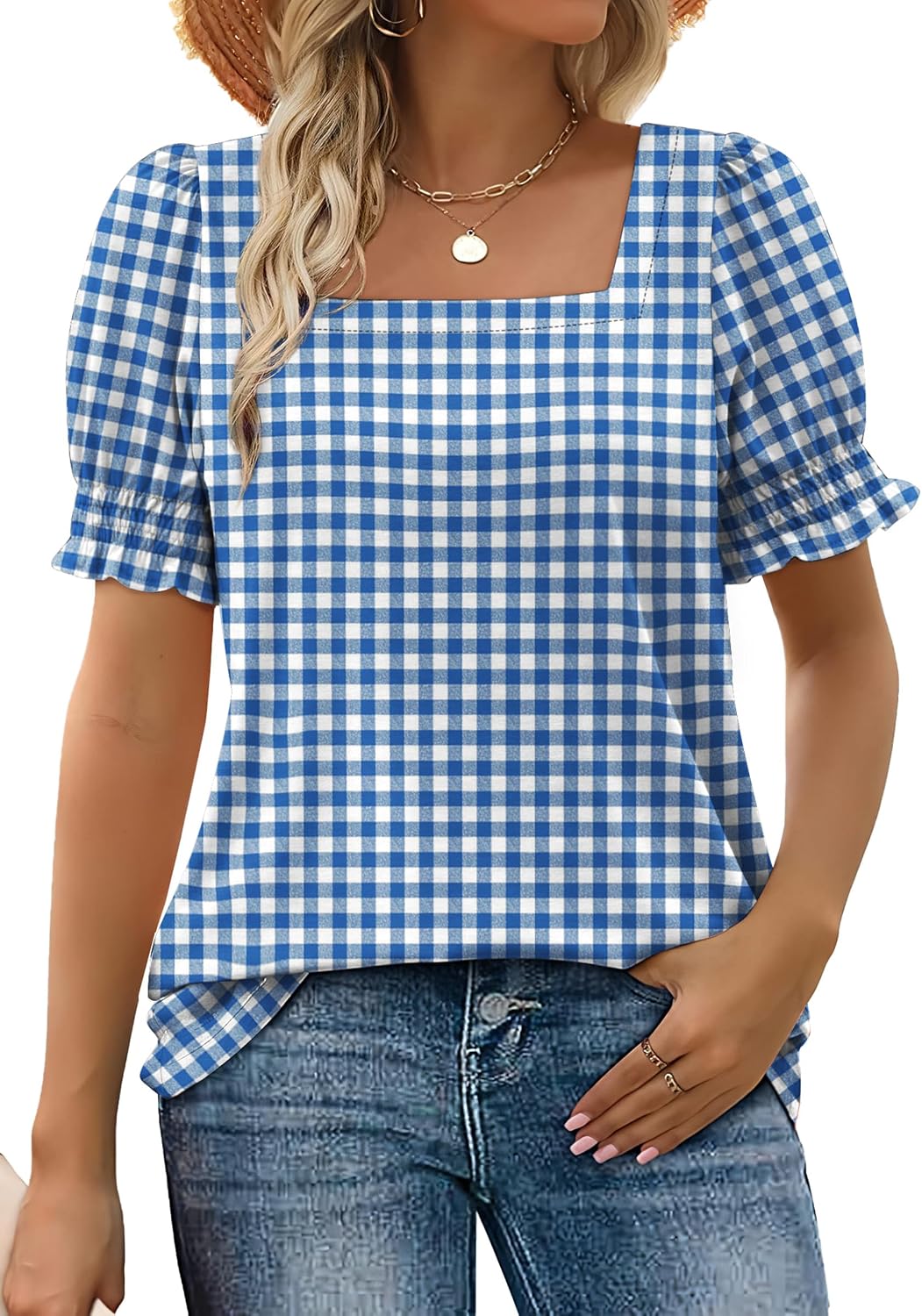 WIHOLL Tops for Women Summer Casual Ruffle Trim Sleeve Square Neck T Shirts