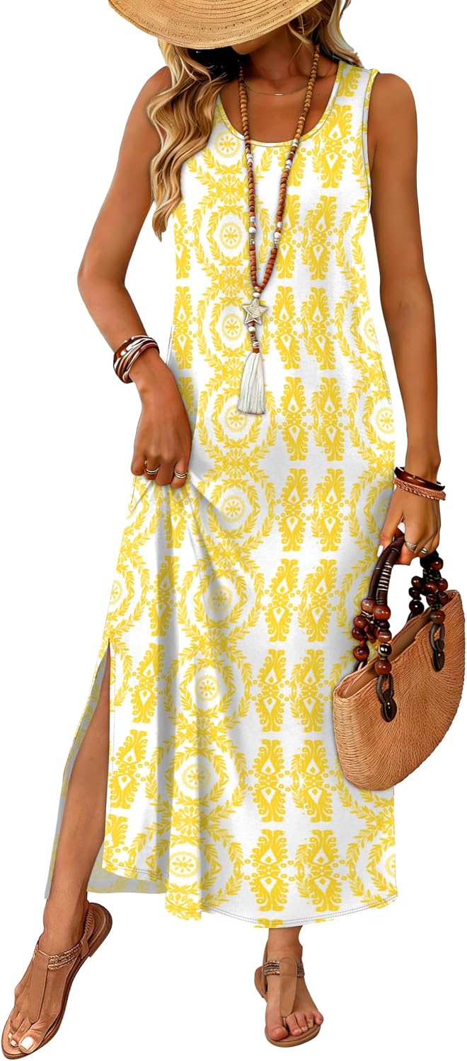 WIHOLL Maxi Dress Summer Dresses 2026 Beach Vacation Clothes Sleeveless Sundresses with Pockets Boho S-3XL