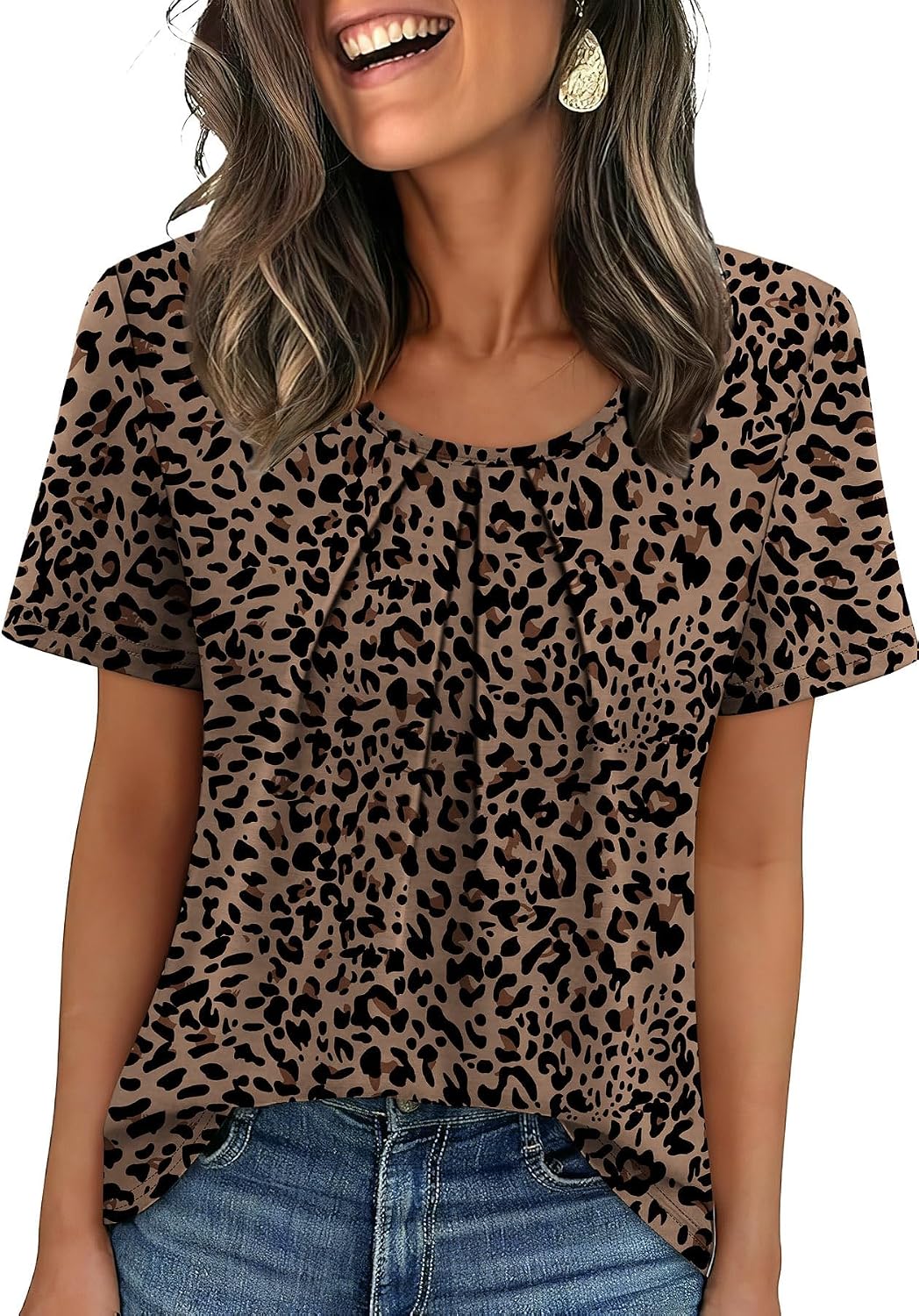 WIHOLL Women T Shirts Pleated Short Sleeve Tops Business Casual Blouses | Loose Fit, Dressy Casual, Trendy 2026, Flowy, Boho